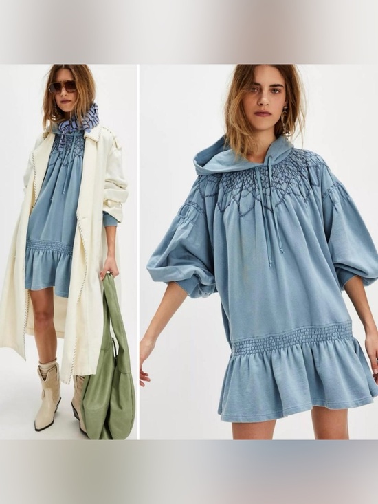 Free People Tops - New Free People XS Marty Smocked Mini Sweatshirt Dress Hoodie Blue NWOT $198